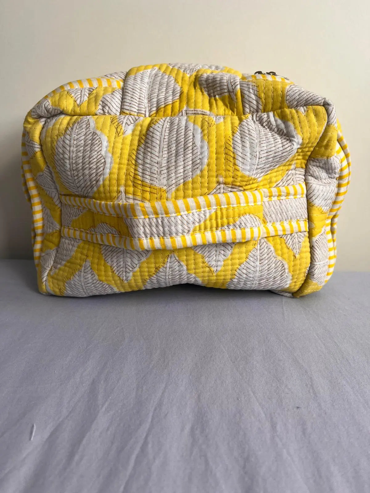 Quilted Fabric Cosmetic Bag Yellow Leaf Printed Artofakind