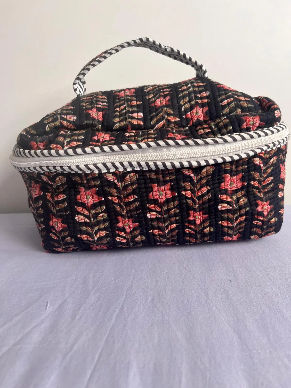 Quilted Fabric Cosmetic Bag Black Printed Artofakind