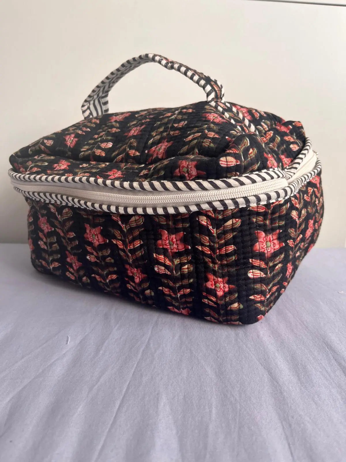 Quilted Fabric Cosmetic Bag Black Printed Artofakind
