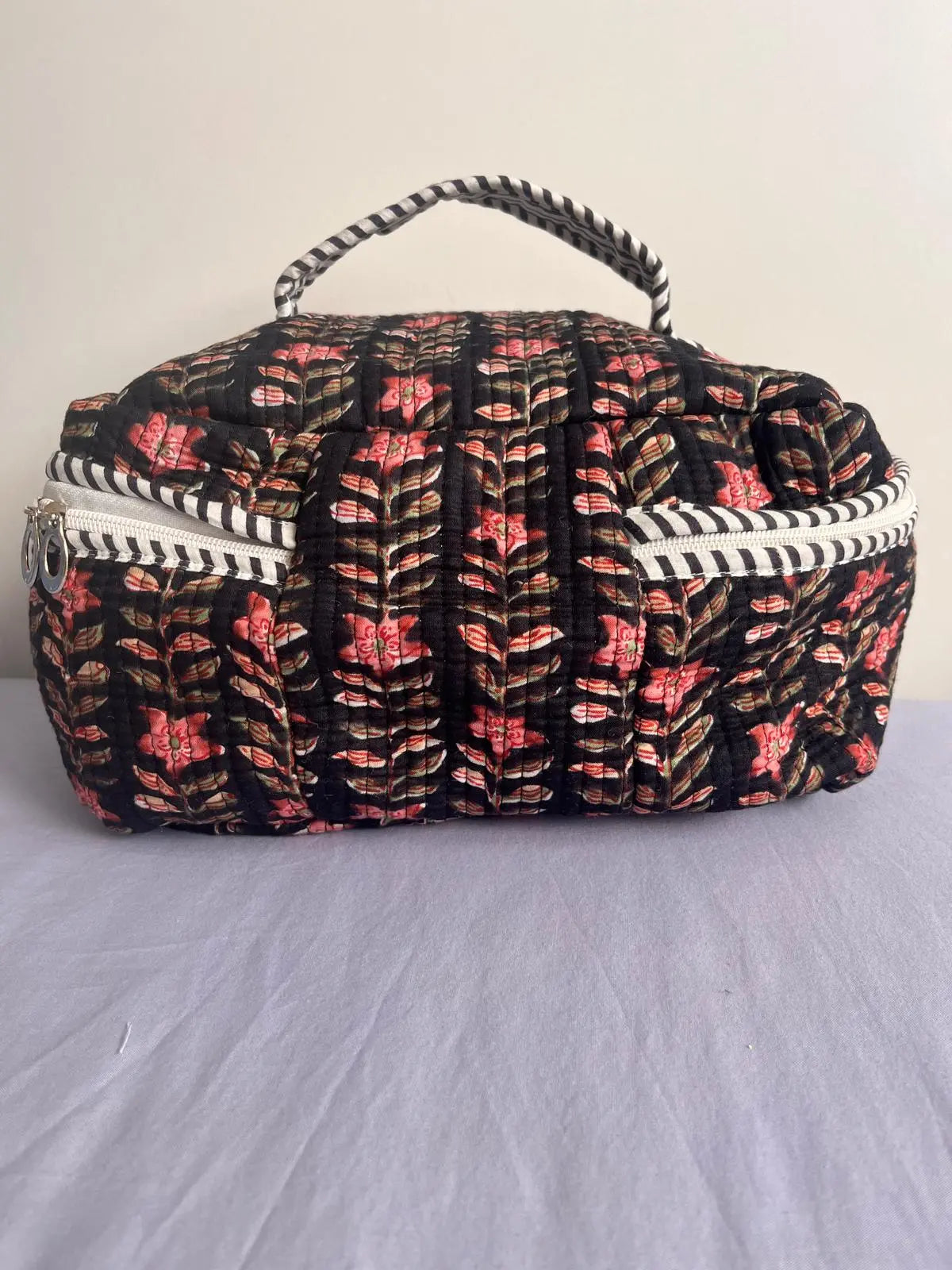 Quilted Fabric Cosmetic Bag Black Printed Artofakind
