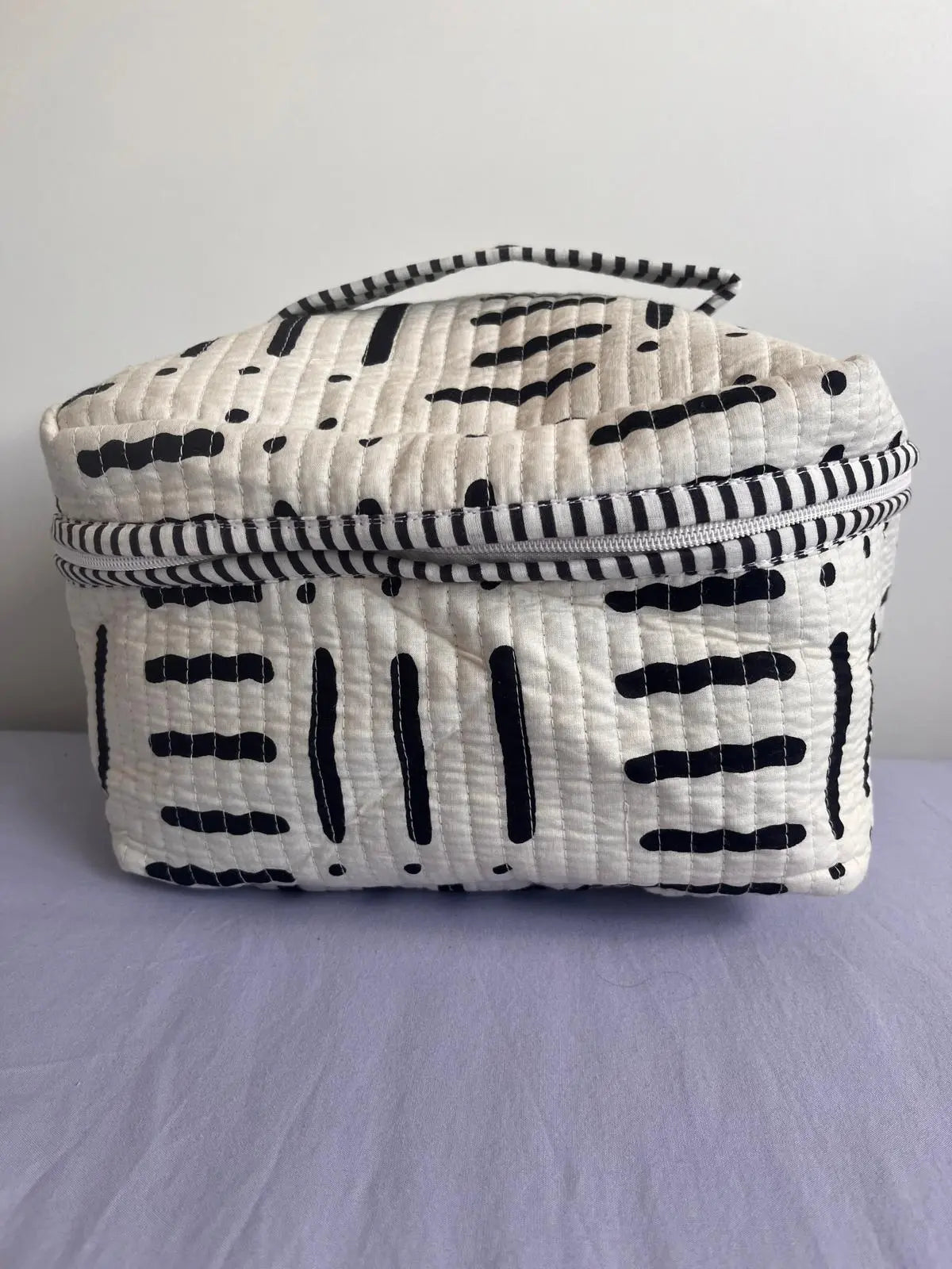 Quilted Fabric Cosmetic Bag White Printed Artofakind