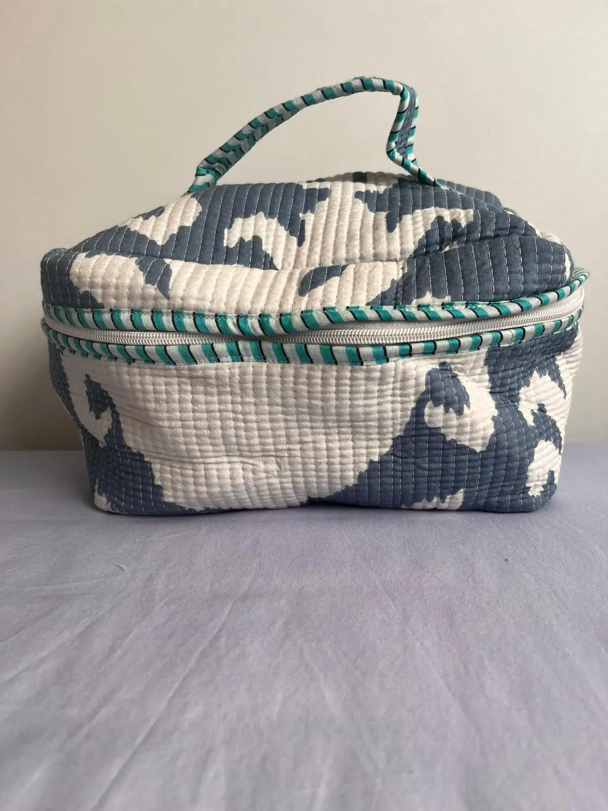 Quilted Fabric Cosmetic Bag White Green Printed Artofakind