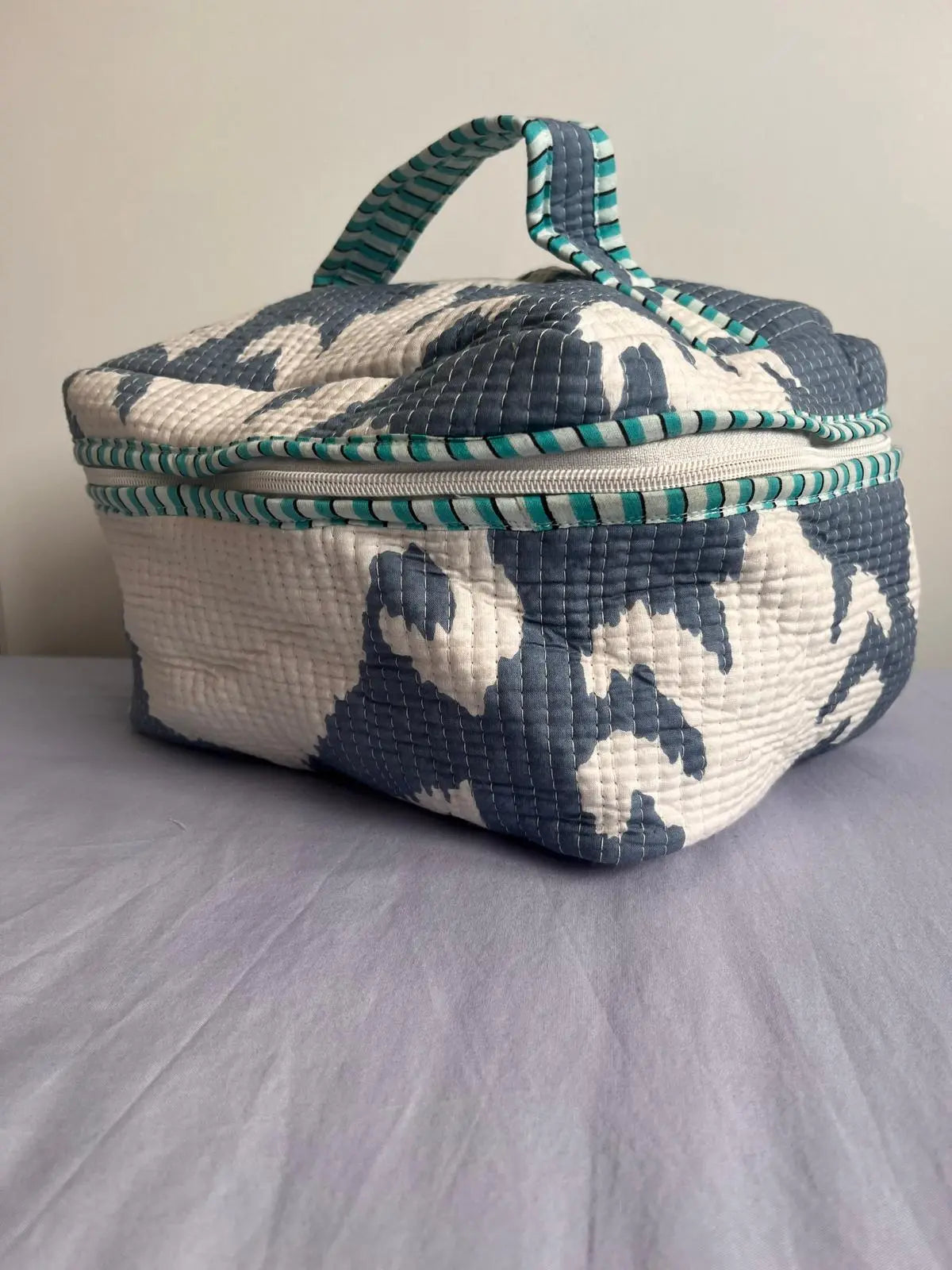 Quilted Fabric Cosmetic Bag White Green Printed Artofakind