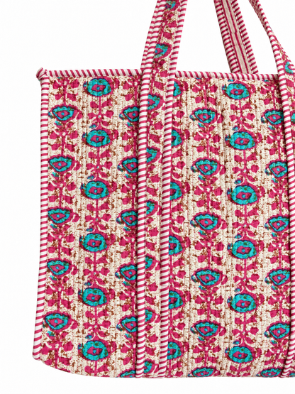 Cream n Pink Floral Cotton Quilted Tote Bag
