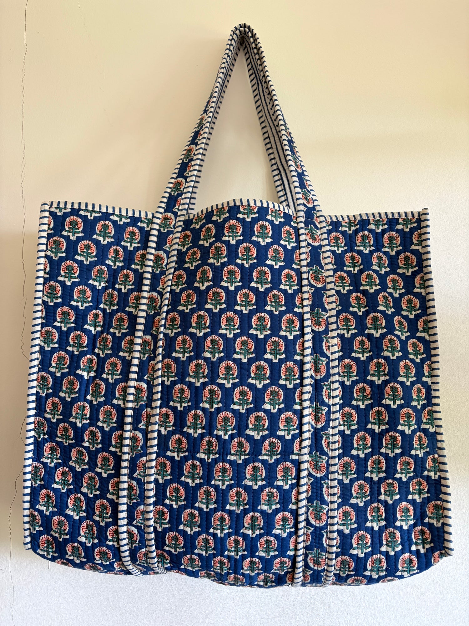 Quilted Blue Tote Bag on white background
