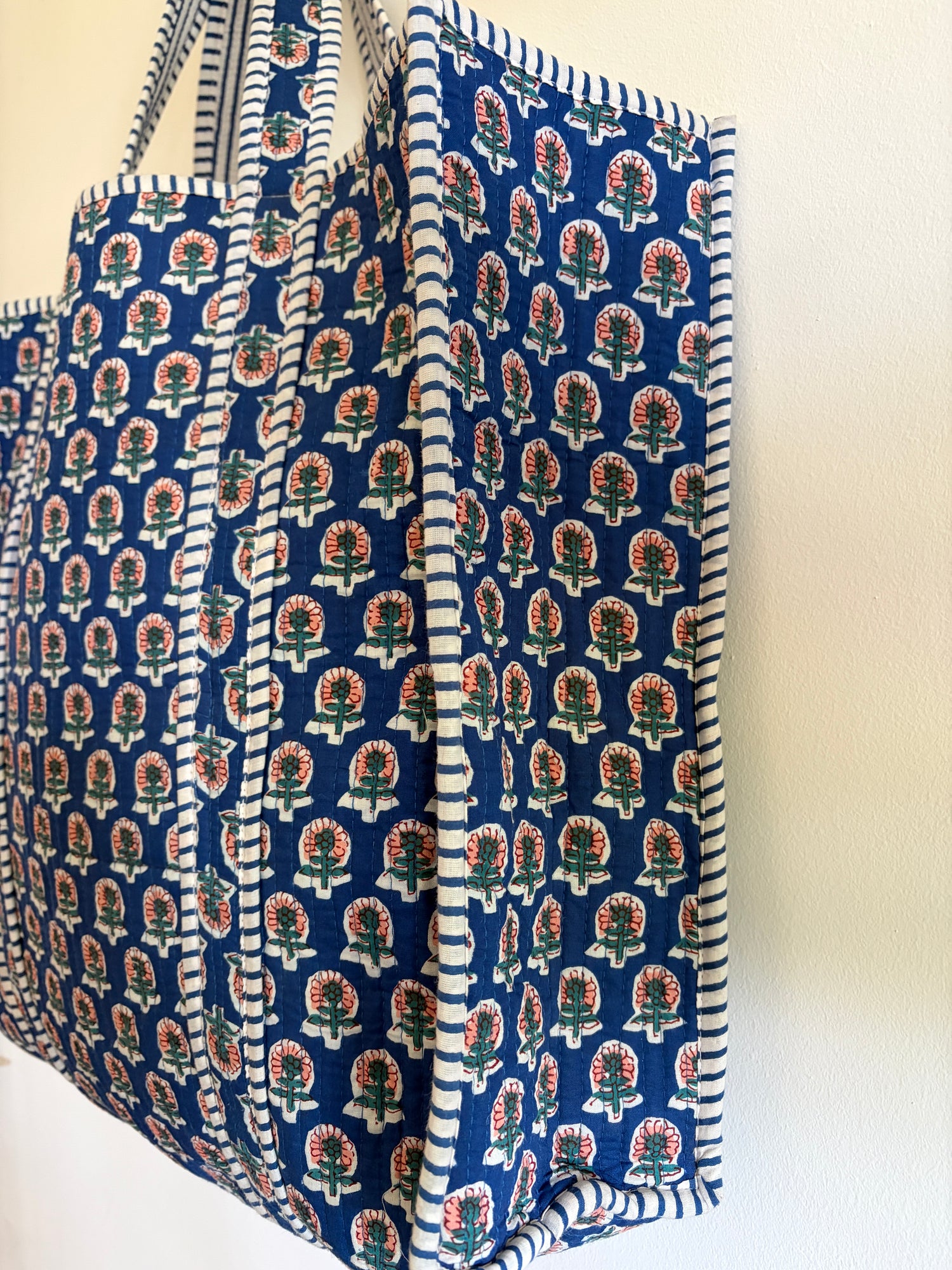 Quilted Blue Tote Bag on white background