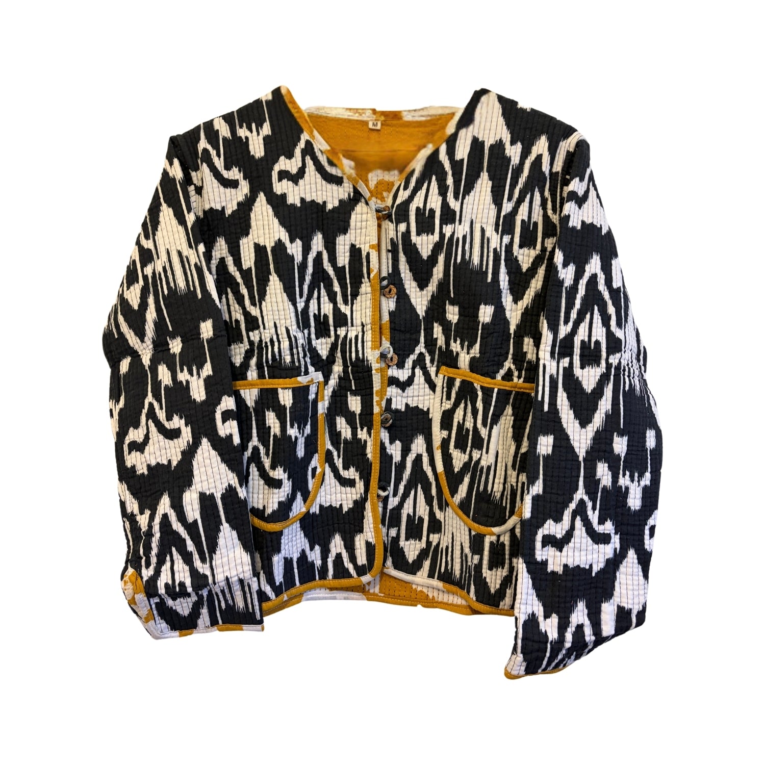 Black and white patterned jacket with yellow accents on a white background