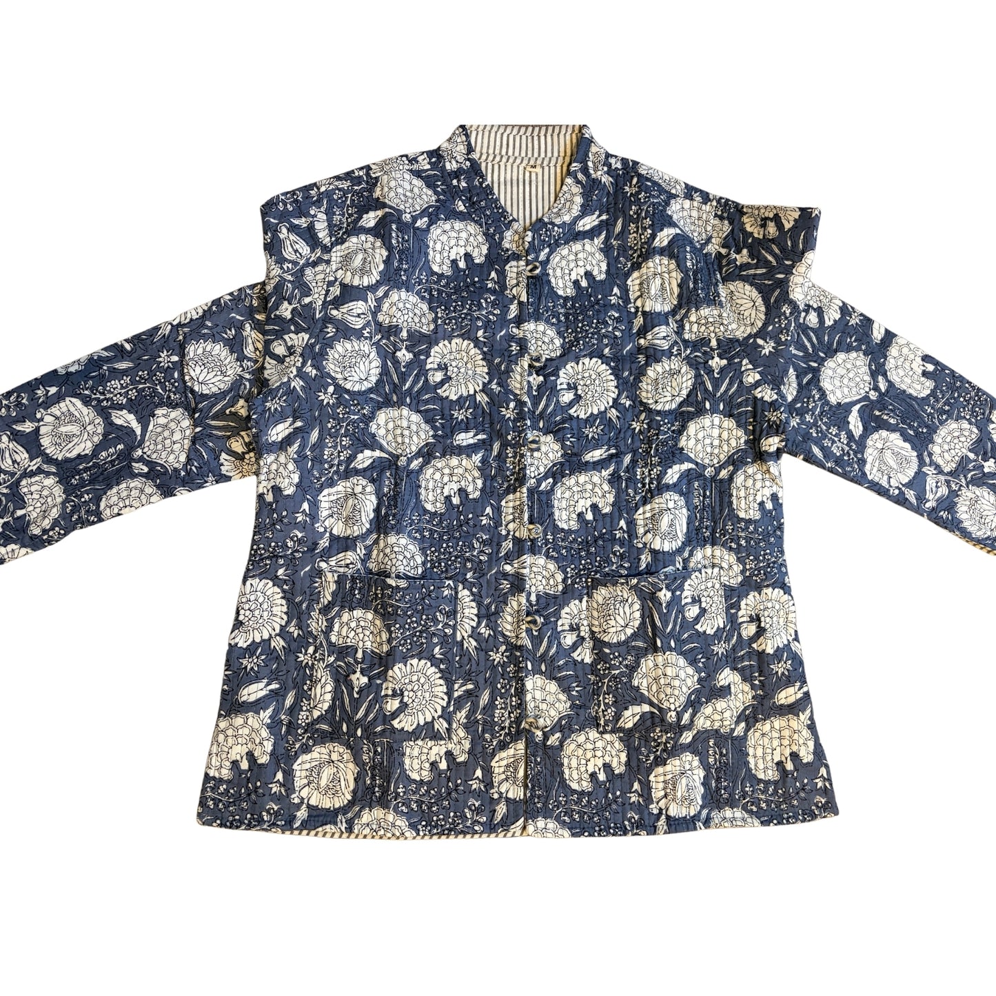 Navy blue jacket with white floral pattern on a white background