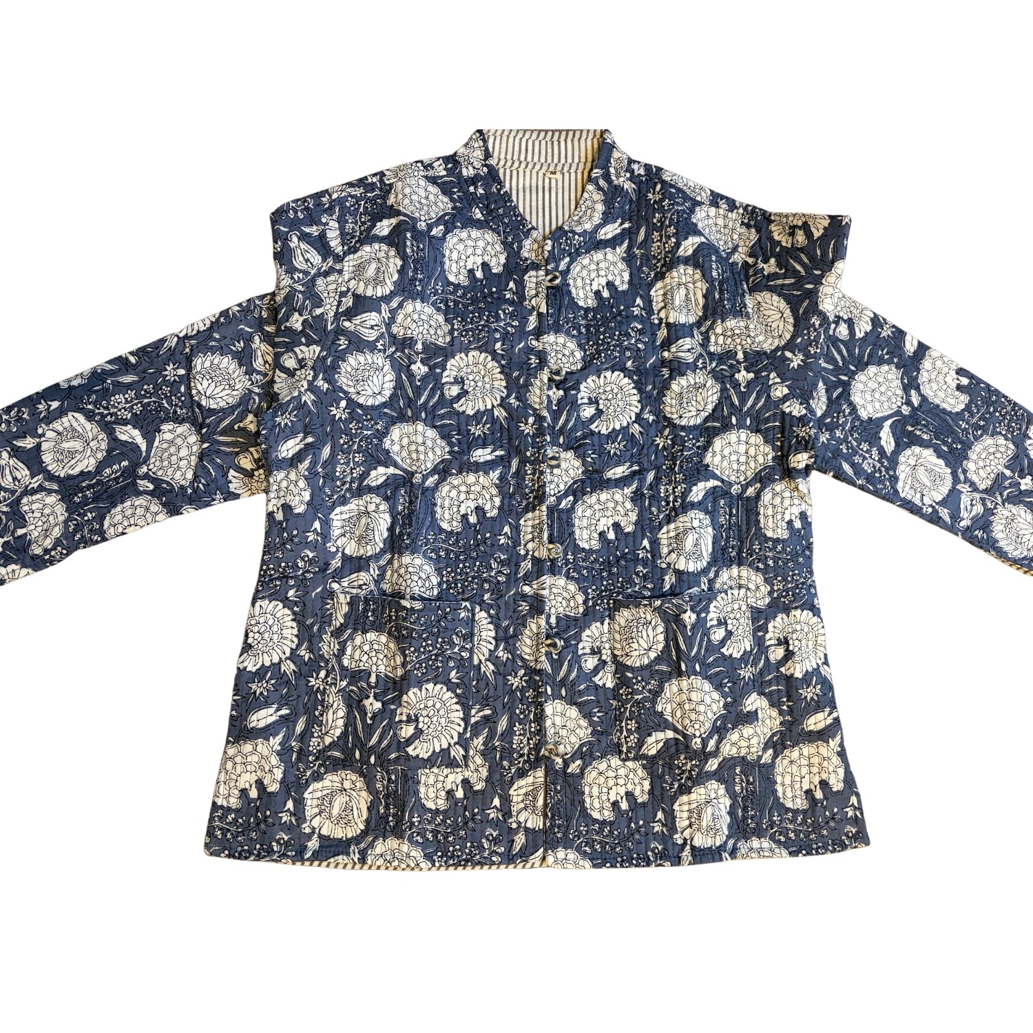 Navy blue jacket with white floral pattern on a white background