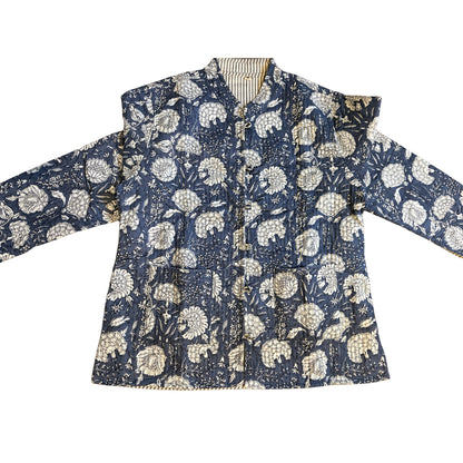 Navy blue jacket with white floral pattern on a white background