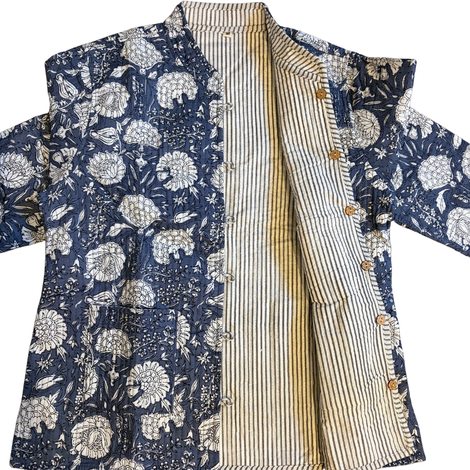Quilted Jacket with floral and striped patterns on a white background