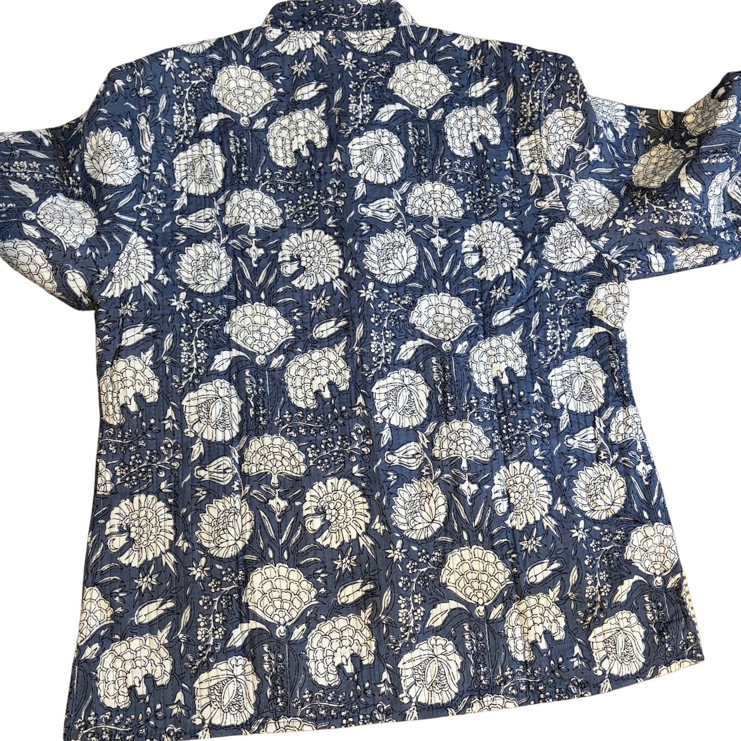Navy blue Quilted Jacket with white floral pattern on a white background
