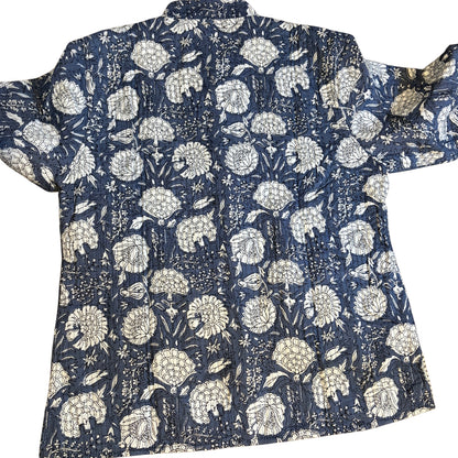 Navy blue Quilted Jacket with white floral pattern on a white background