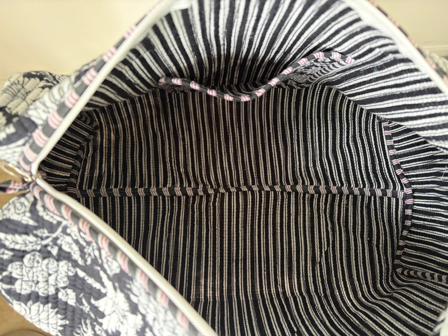 Close-up of a striped bag interior with floral patterned exterior