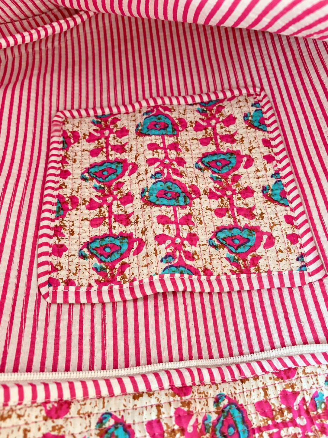 Cream n Pink Floral Cotton Quilted Tote Bag