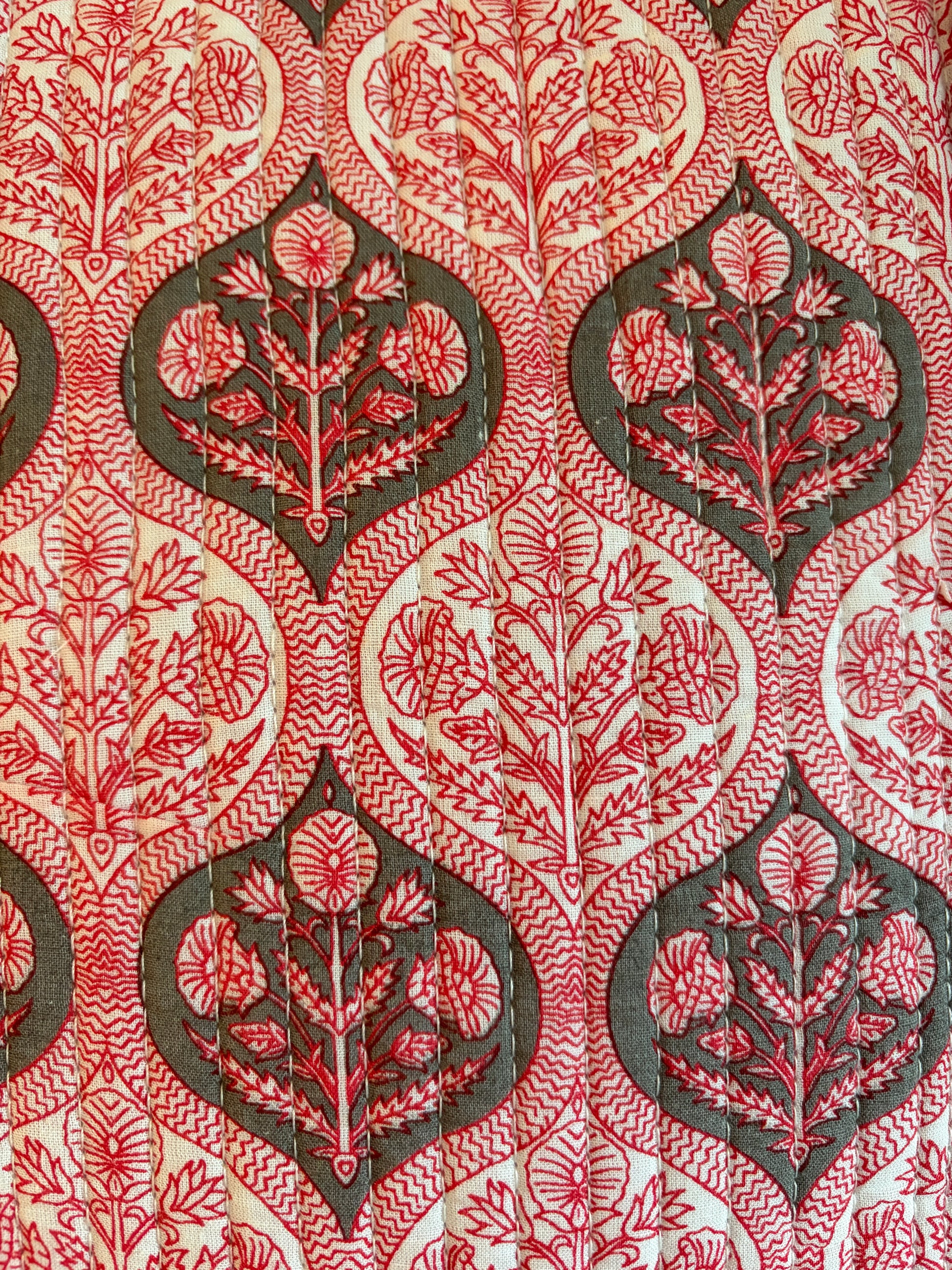 Close-up of a red and black floral bag patterned fabric