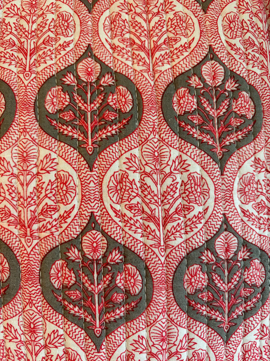 Close-up of a red and black floral bag patterned fabric