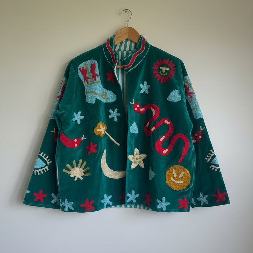 Colorful Suzani jacket on a plain wall.
