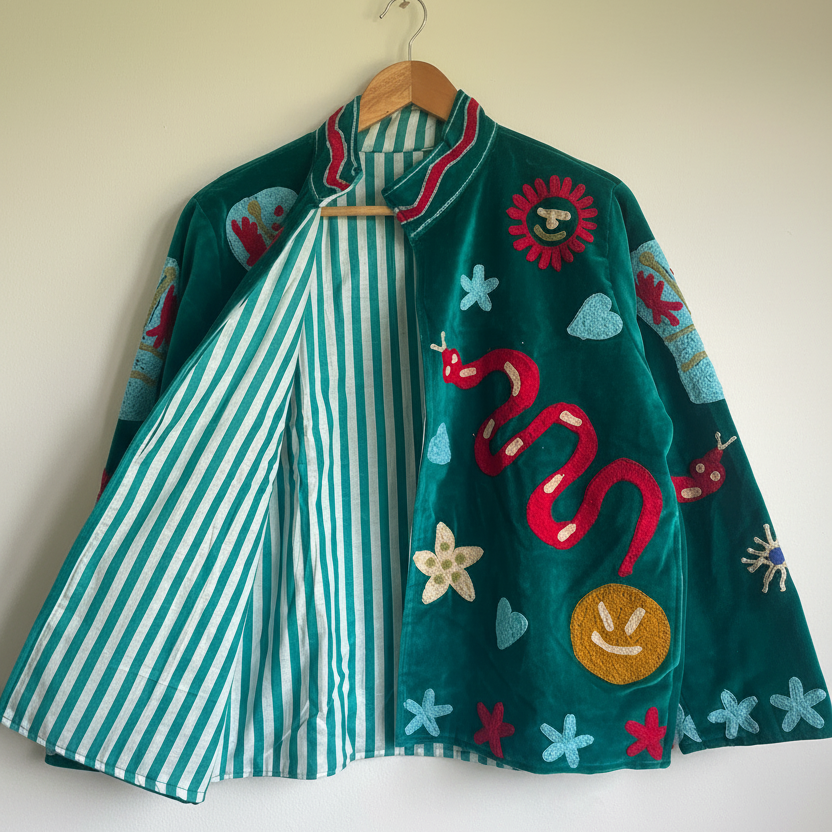 Colorful Suzani jacket on a plain wall.