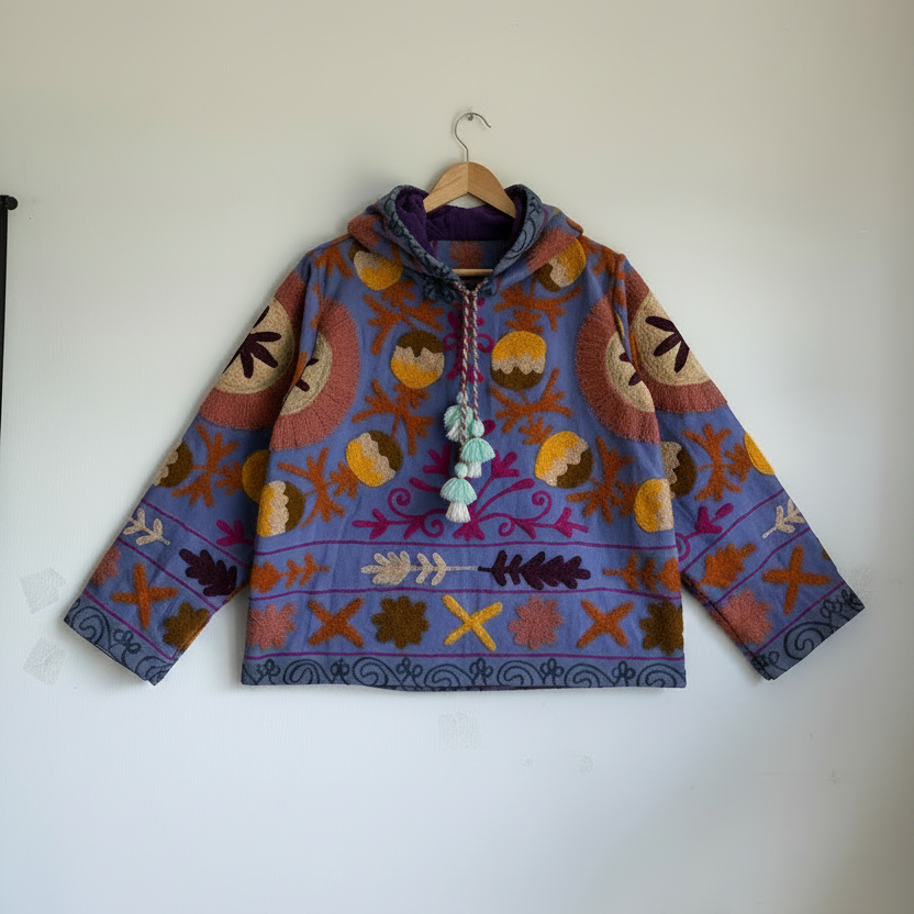A colorful patterned jacket with a high collar and decorative tassel. 