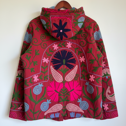 Deep Red Suzani embroidered hoodie with floral and scroll patterns. 