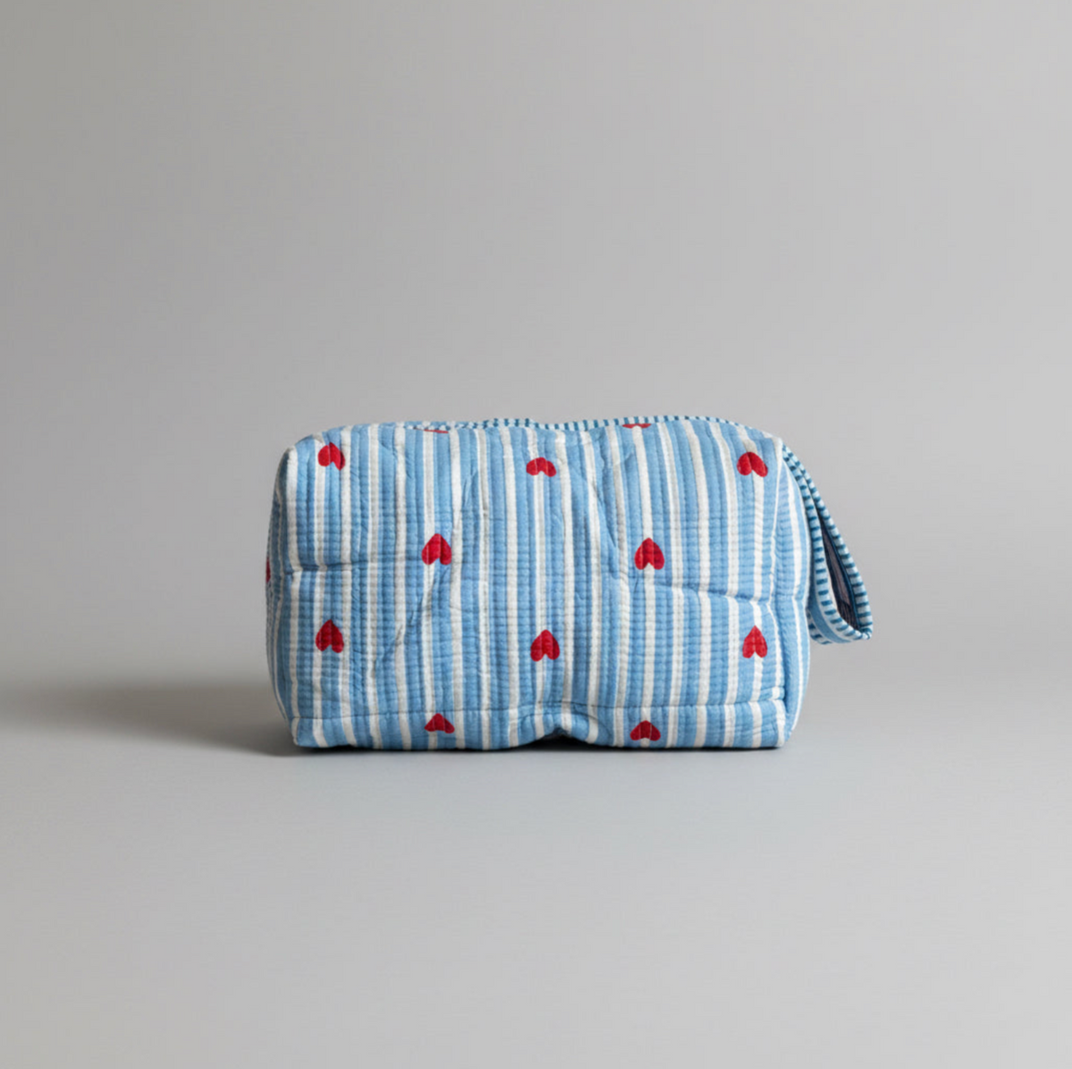 Cotton Quilted Heart Print Wash Bag – Pink & White Stripe Toiletry Bag
