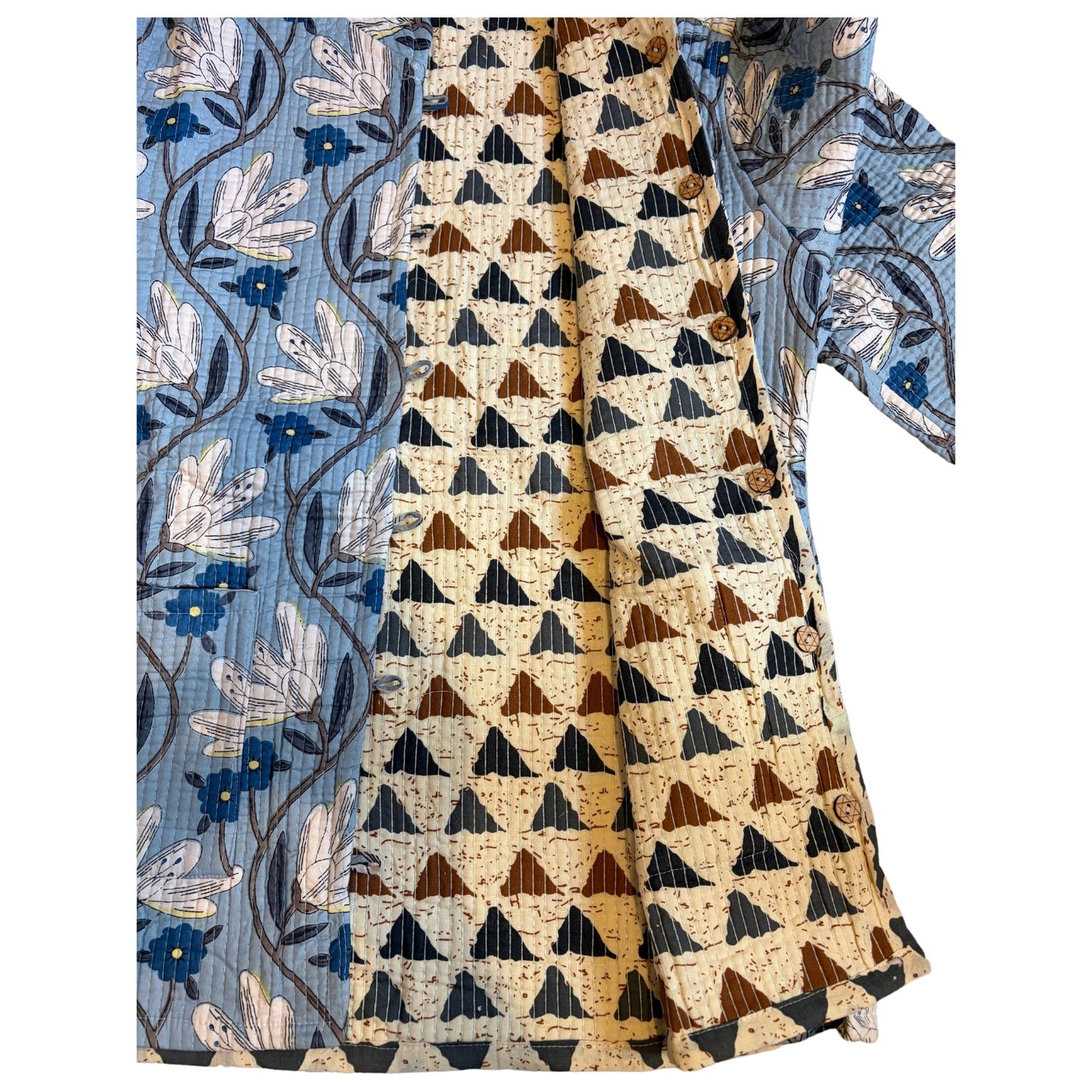 Jacket with geometric pattern and floral design on a white background