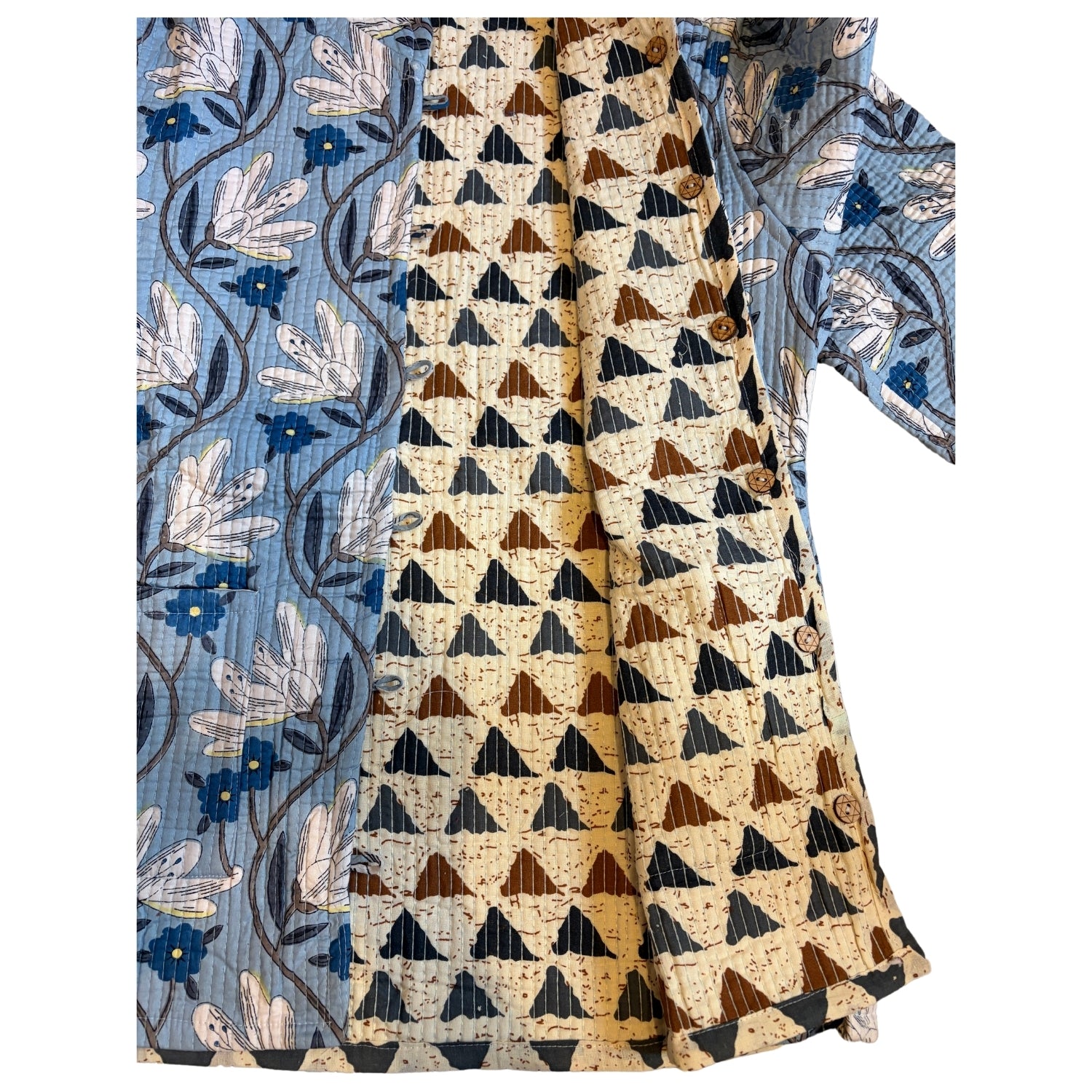 Jacket with geometric pattern and floral design on a white background