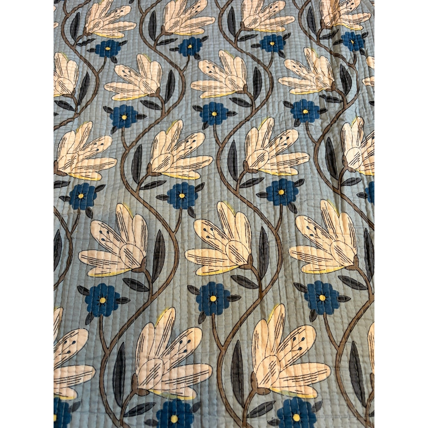 Floral pattern with blue and beige jacket on a textured background