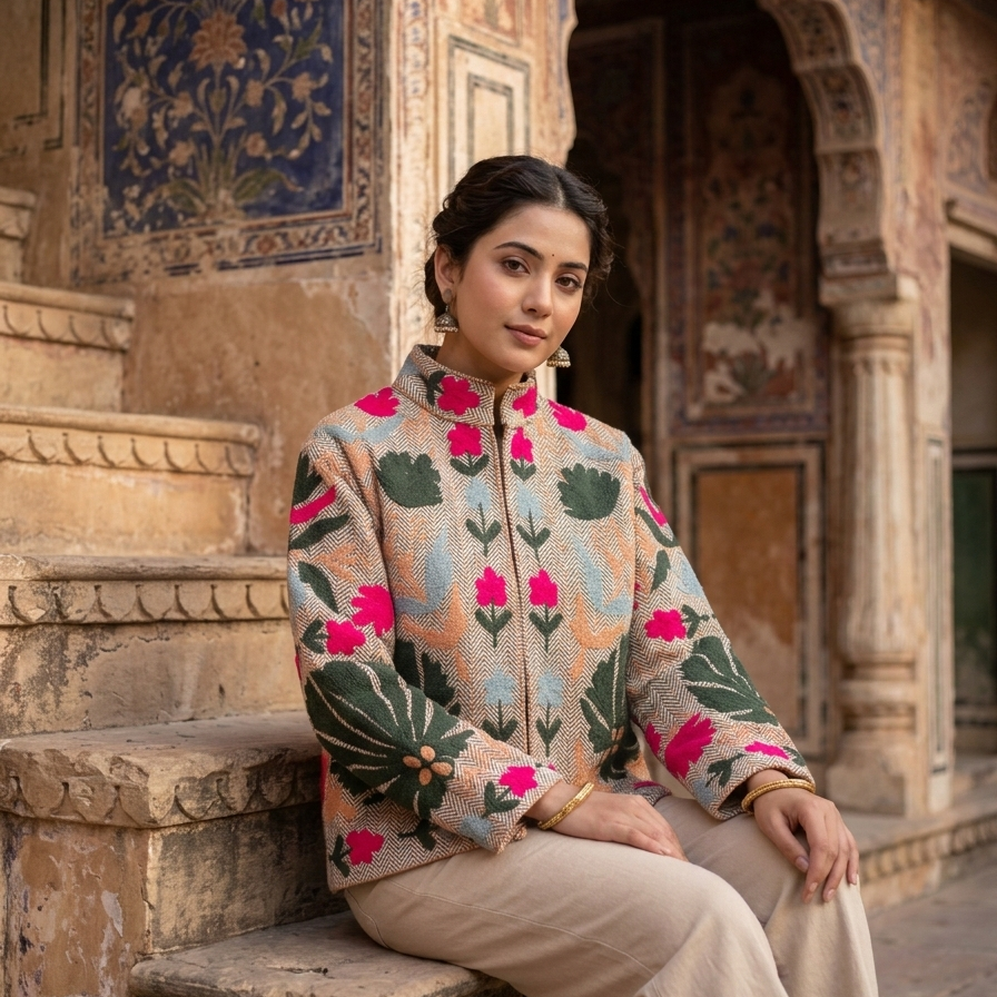 Woman in a floral jacket sitting on stone steps with architectural background