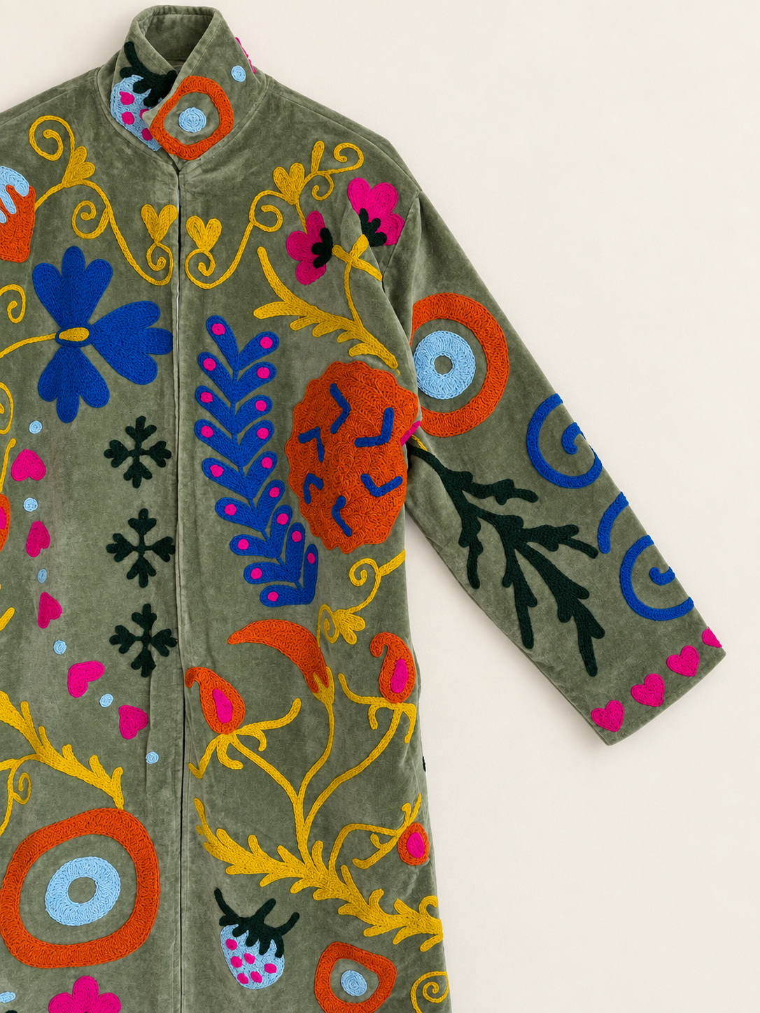 Olive Green Suzani velvet Long Coat 