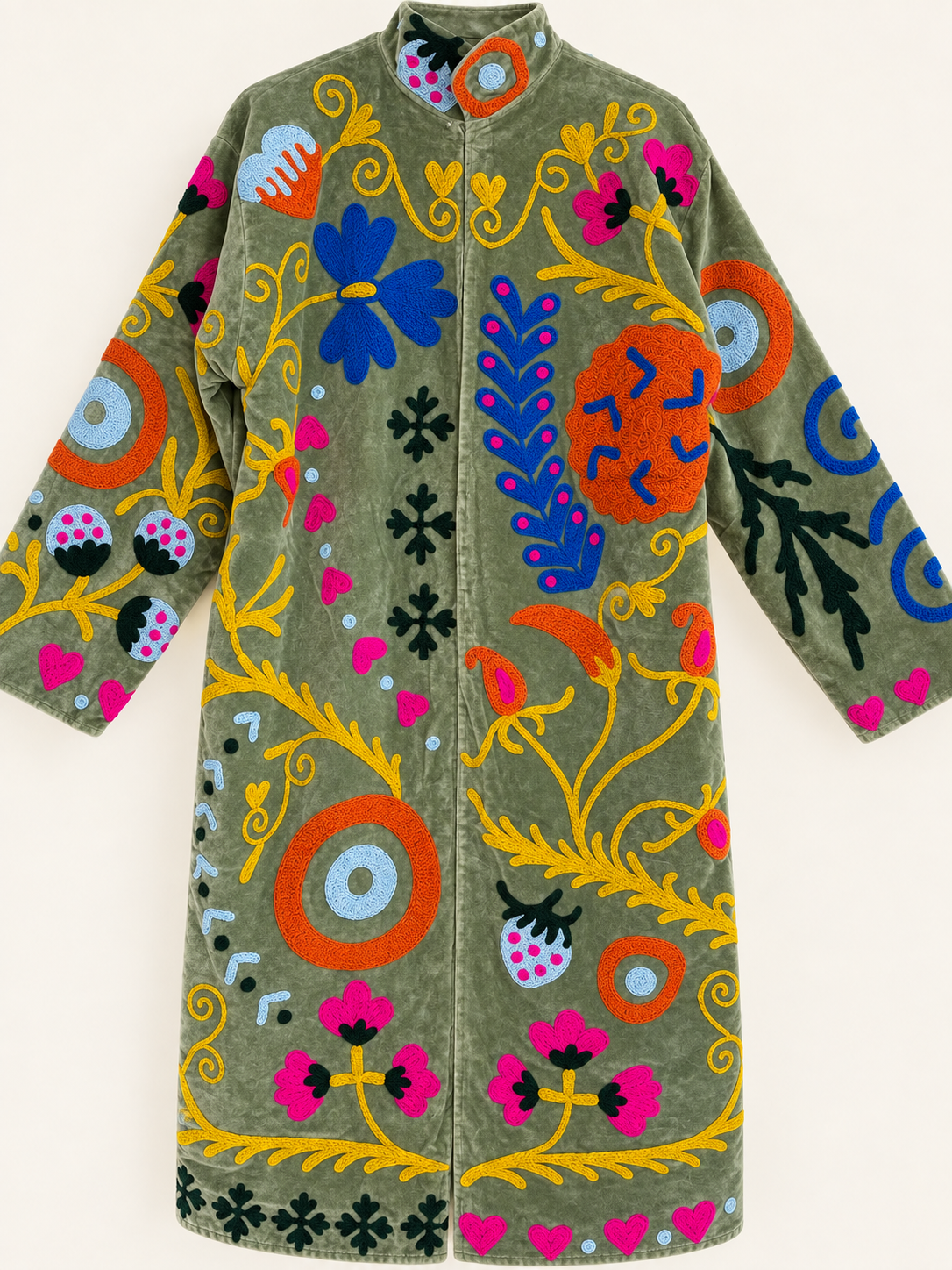 Olive Green Suzani velvet Long Coat 