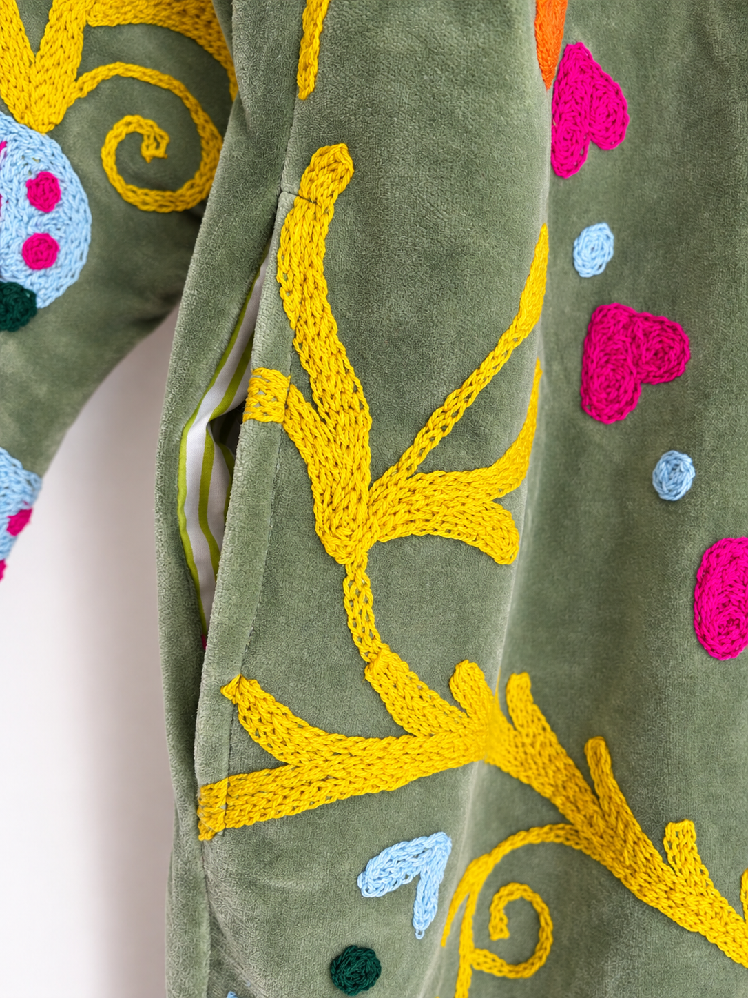 Olive Green Suzani velvet Long Coat 