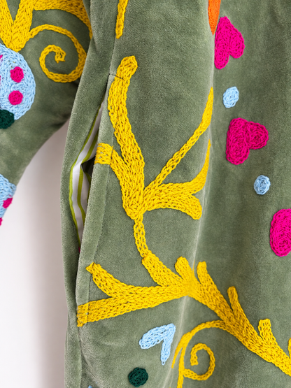 Olive Green Suzani velvet Long Coat 