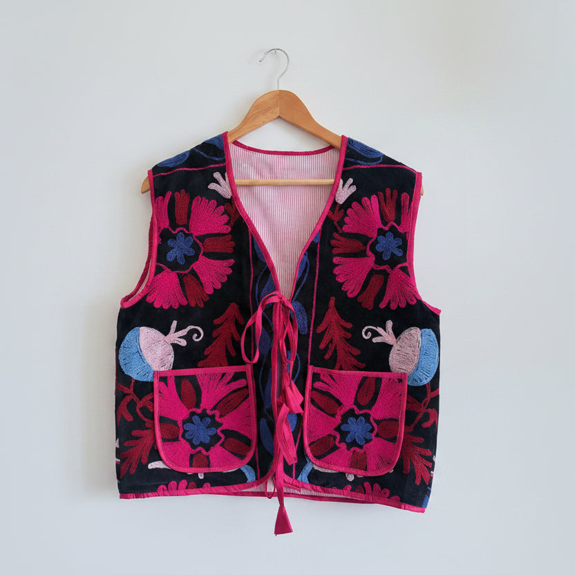 Fuchsia floral suzani embroidery vest UK front view handmade velvet waistcoat