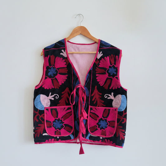 Fuchsia floral suzani embroidery vest UK front view handmade velvet waistcoat