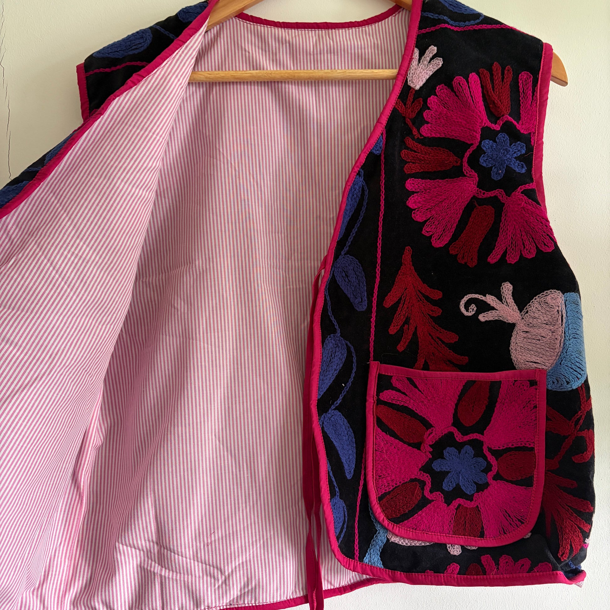 Fuchsia floral suzani embroidery vest UK inside lining detail handmade velvet vest