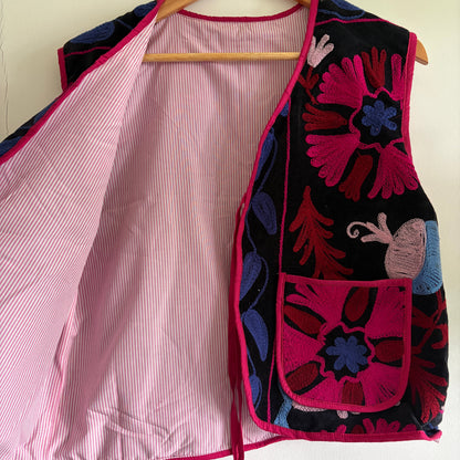 Fuchsia floral suzani embroidery vest UK inside lining detail handmade velvet vest