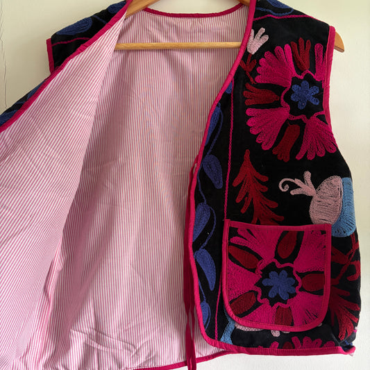 Fuchsia floral suzani embroidery vest UK inside lining detail handmade velvet vest