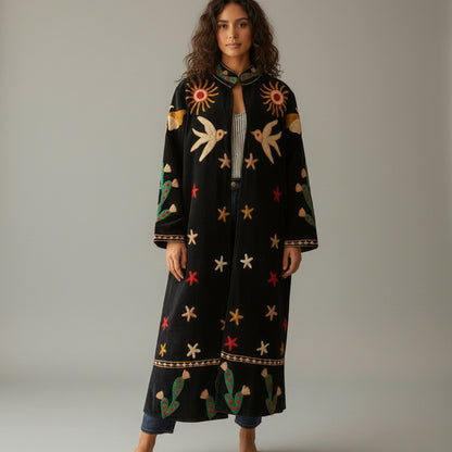 Dark blue Suzani Velvet coat with colorful embroidered patterns 