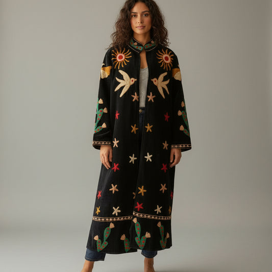 Dark blue Suzani Velvet coat with colorful embroidered patterns 