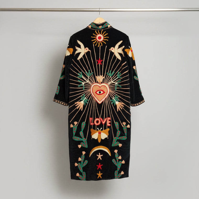 Dark blue Suzani Velvet coat with colorful embroidered patterns 
