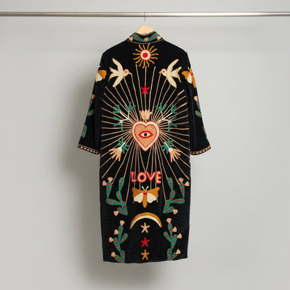 Dark blue Suzani Velvet coat with colorful embroidered patterns 