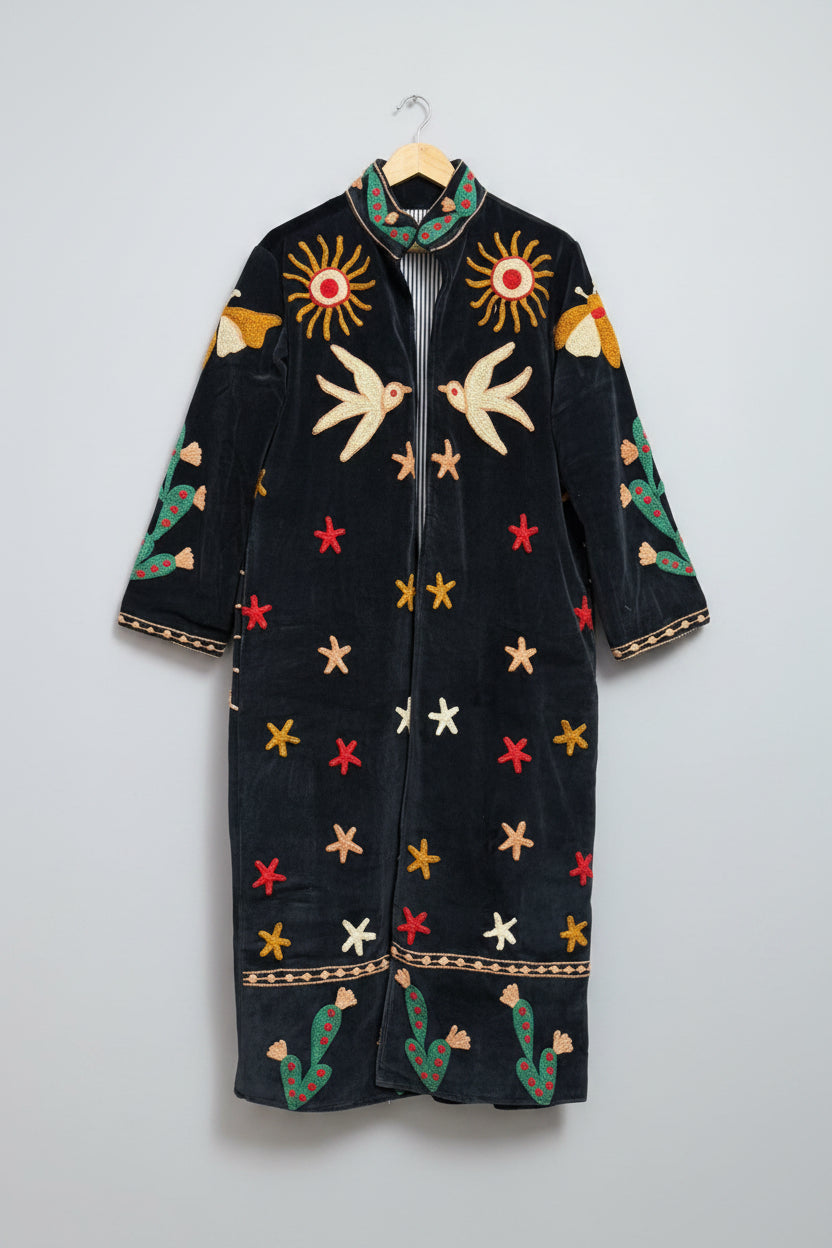 Dark blue Suzani Velvet coat with colorful embroidered patterns 