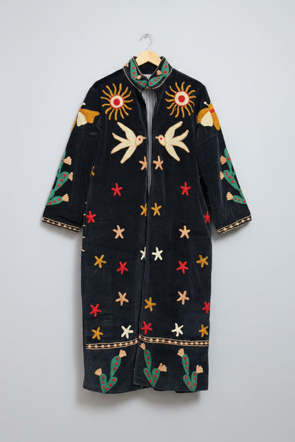 Dark blue Suzani Velvet coat with colorful embroidered patterns 