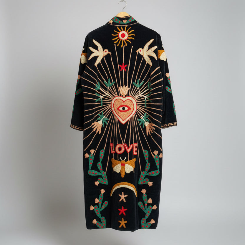 Dark blue Suzani Velvet coat with colorful embroidered patterns 