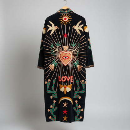 Dark blue Suzani Velvet coat with colorful embroidered patterns 