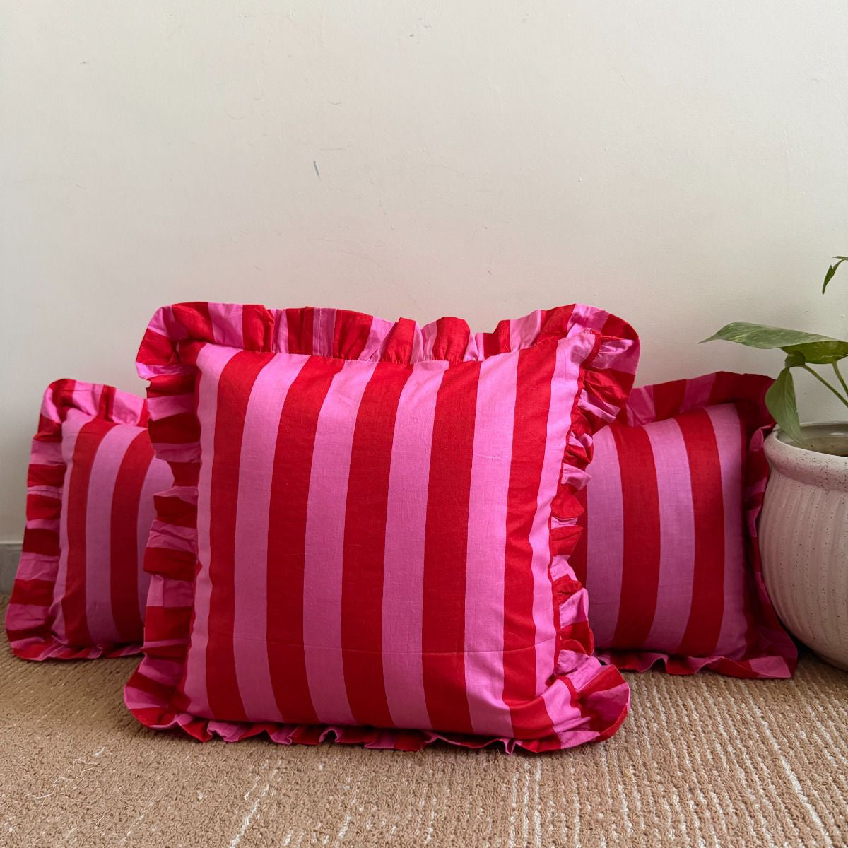 Red & Pink Striped Ruffle Cushion COVER