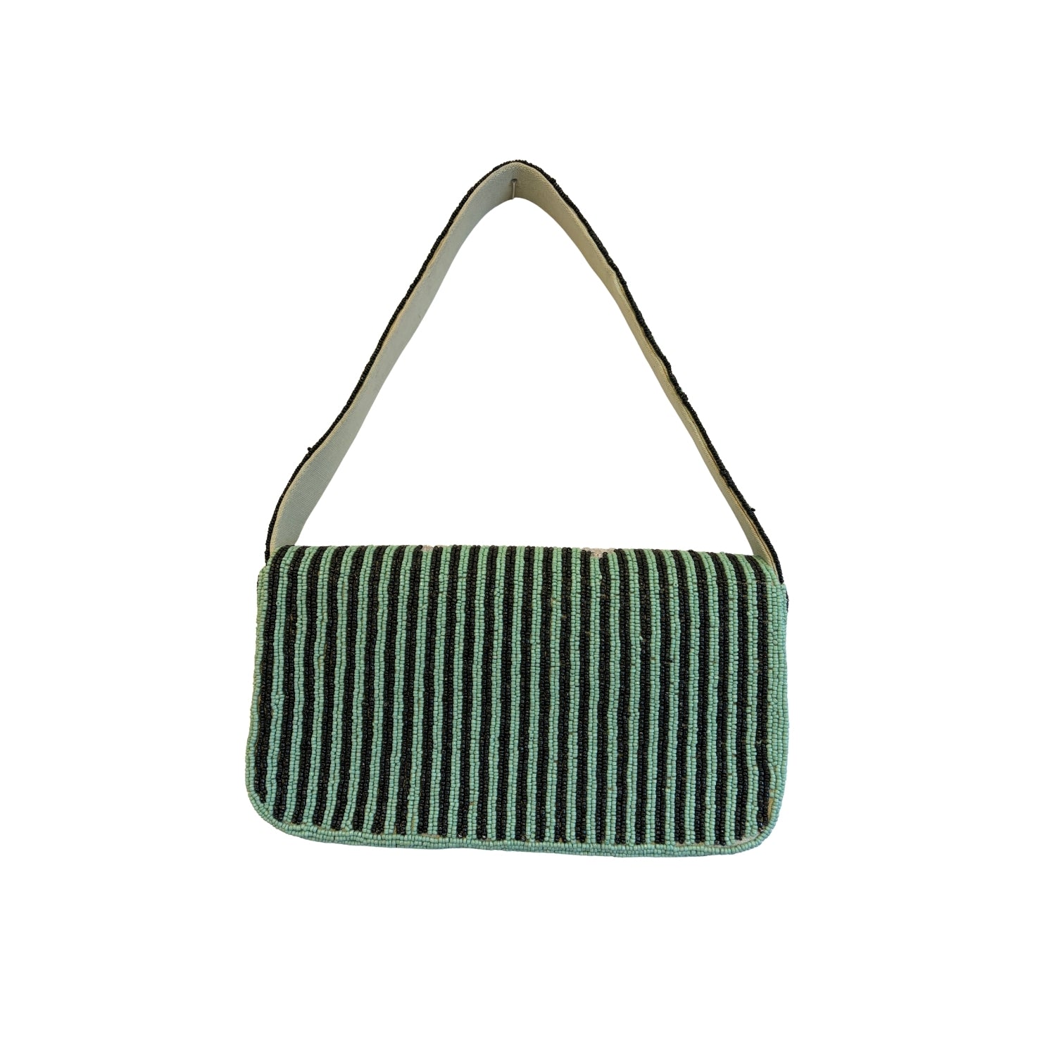 Green striped handbag with a strap on a white background