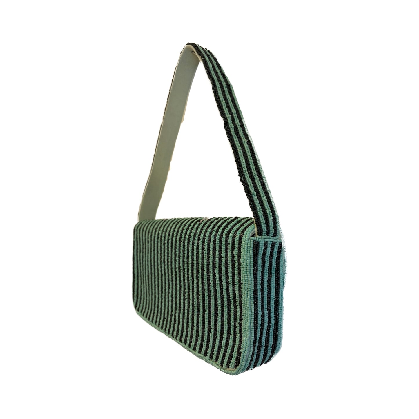 Striped handbag with a green and black pattern on a white background